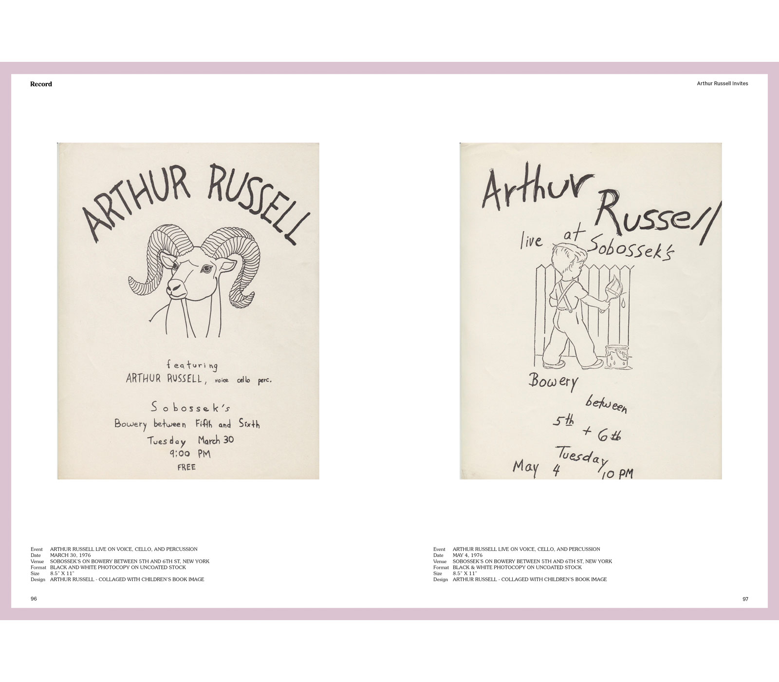 Record Culture Magazine Article featuring Arthur Russell Concert Invites from the Wild Life Archive